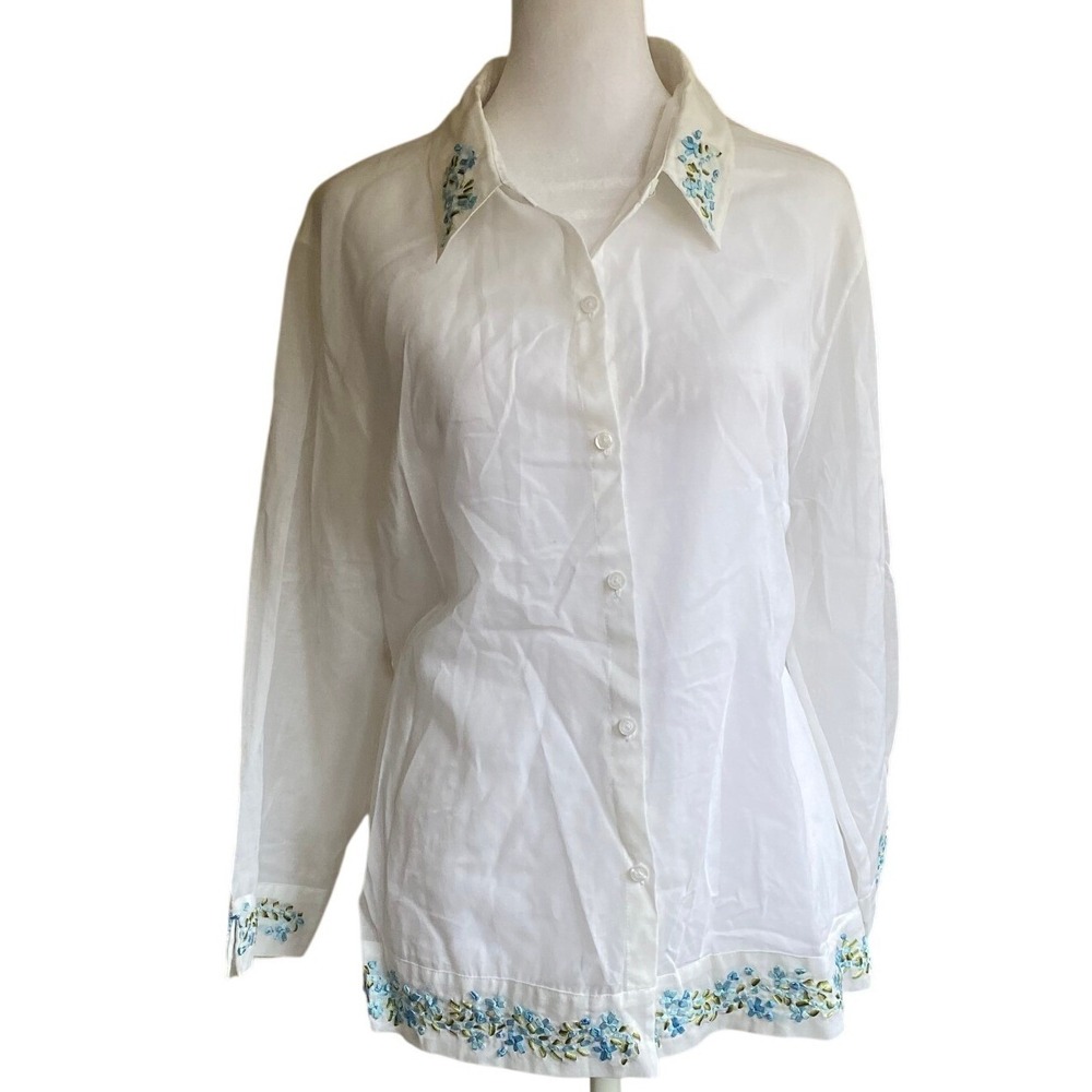 Vintage 1990s Sheer Cotton Embroidered White Button Down Blouse XL Boho Coastal